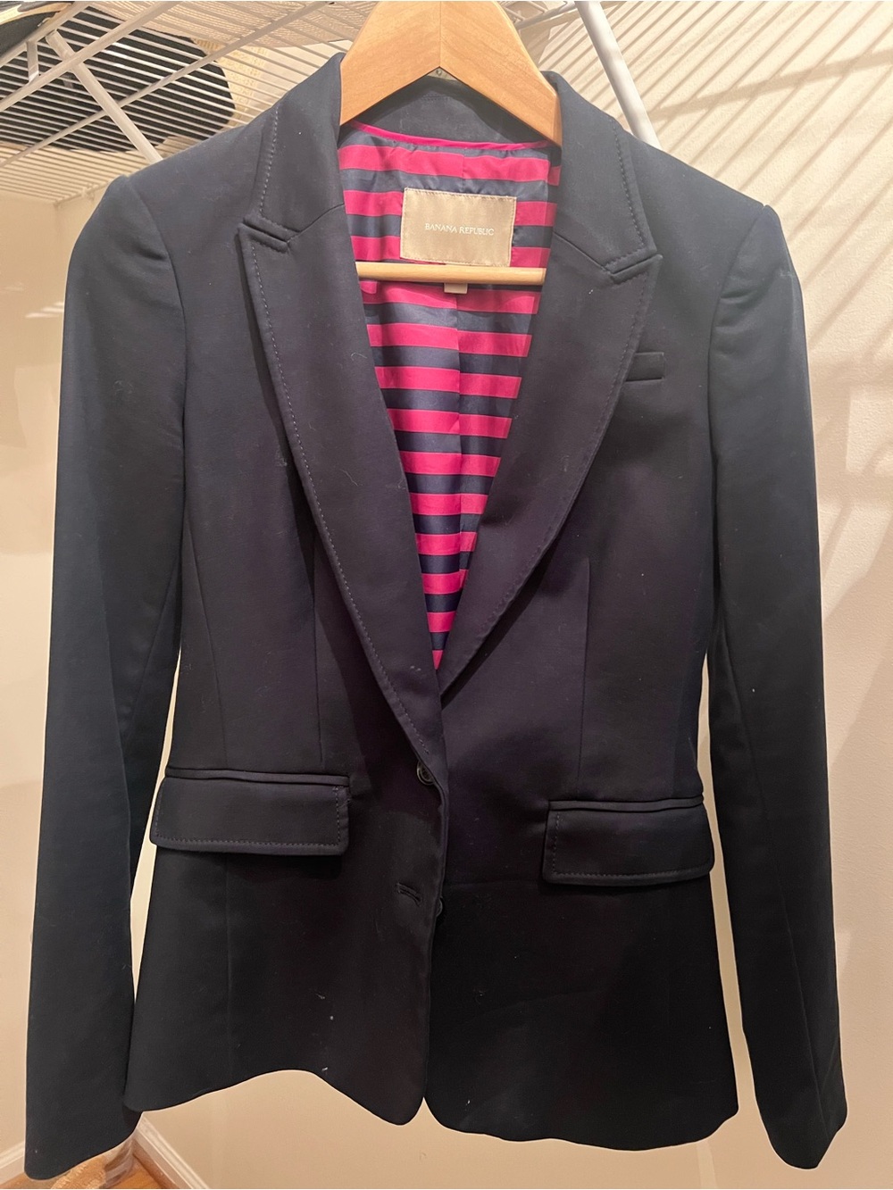 Banana Republic Black Blazer with Pink & Navy Striped Lining beautiful!